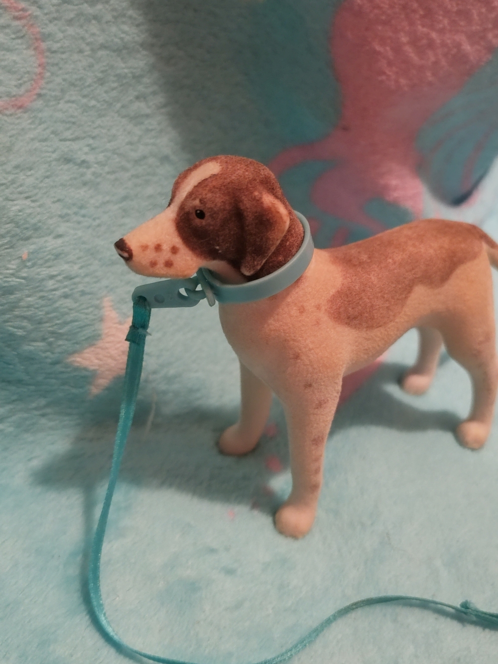 Flocked Brown & White Dog Toy Figure with Light Blue Collar and Leash